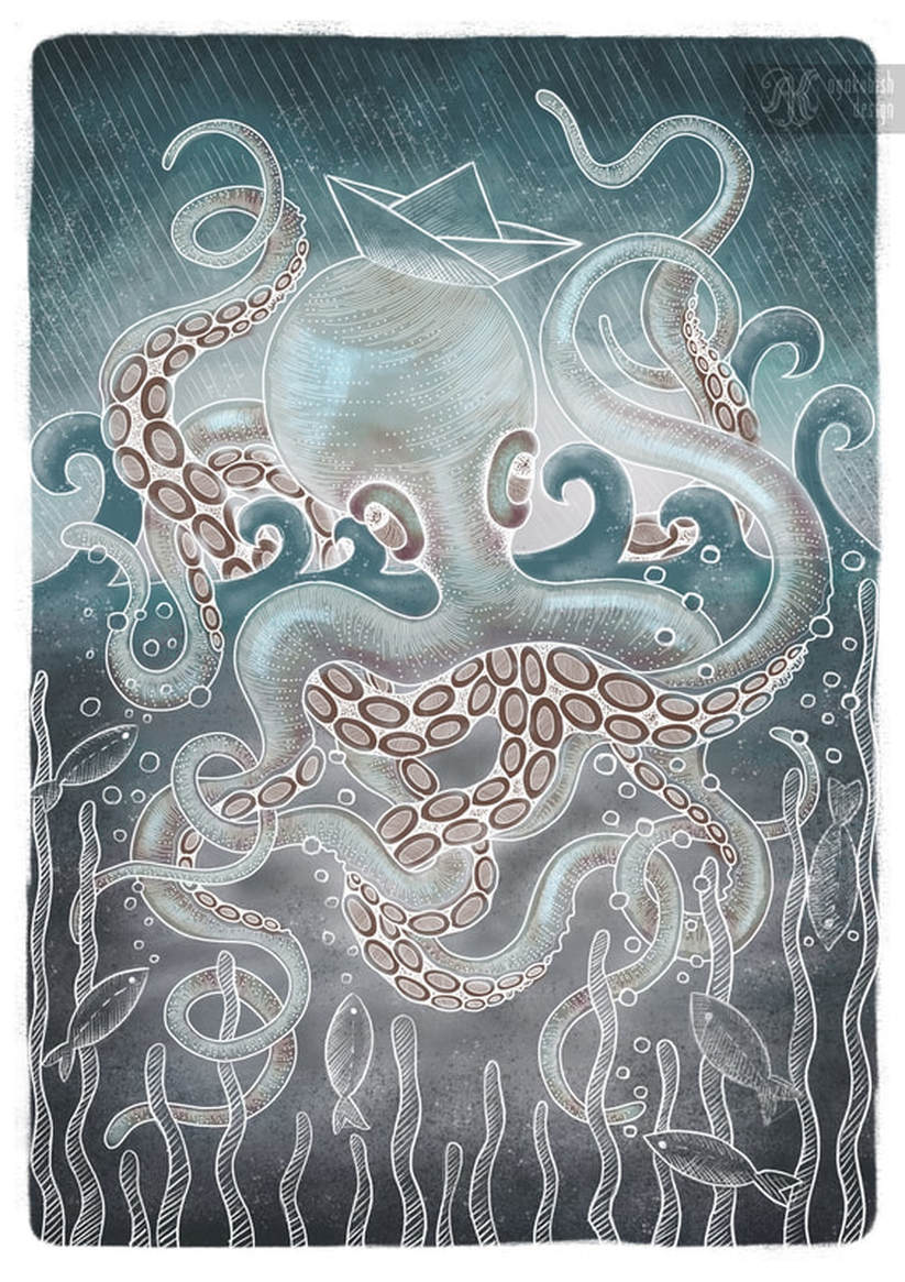 Octopus in the rain digital illustration